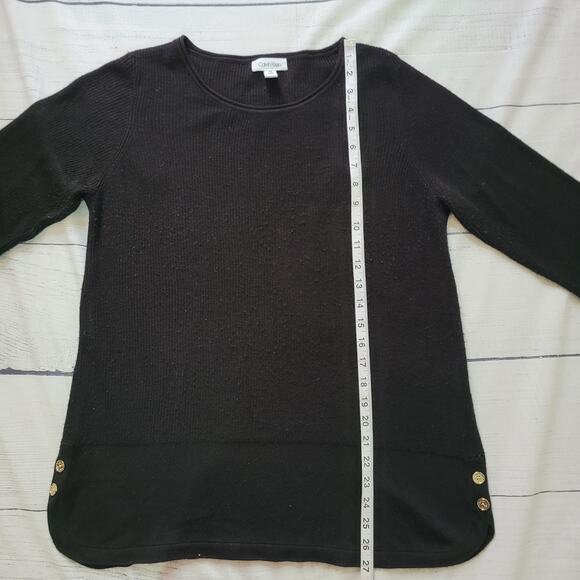Calvin Klein Size M Black Tunic Sweater Gold Button Contrast Detail Sleeves - Picture 9 of 10